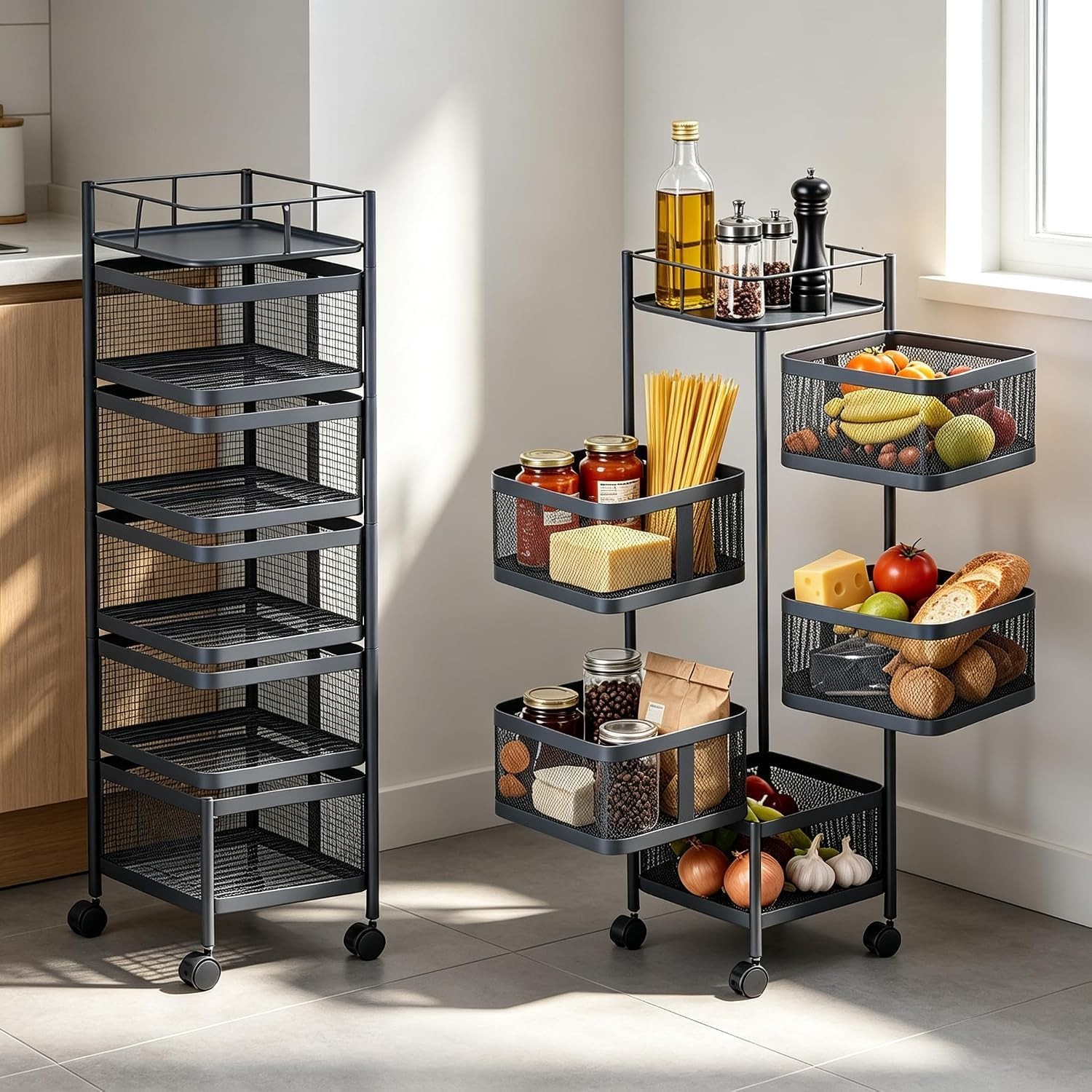 Storage Rack Kitchen Rotating Cart Vegetable Fruit 5-Tier Metal Serving Trolley
