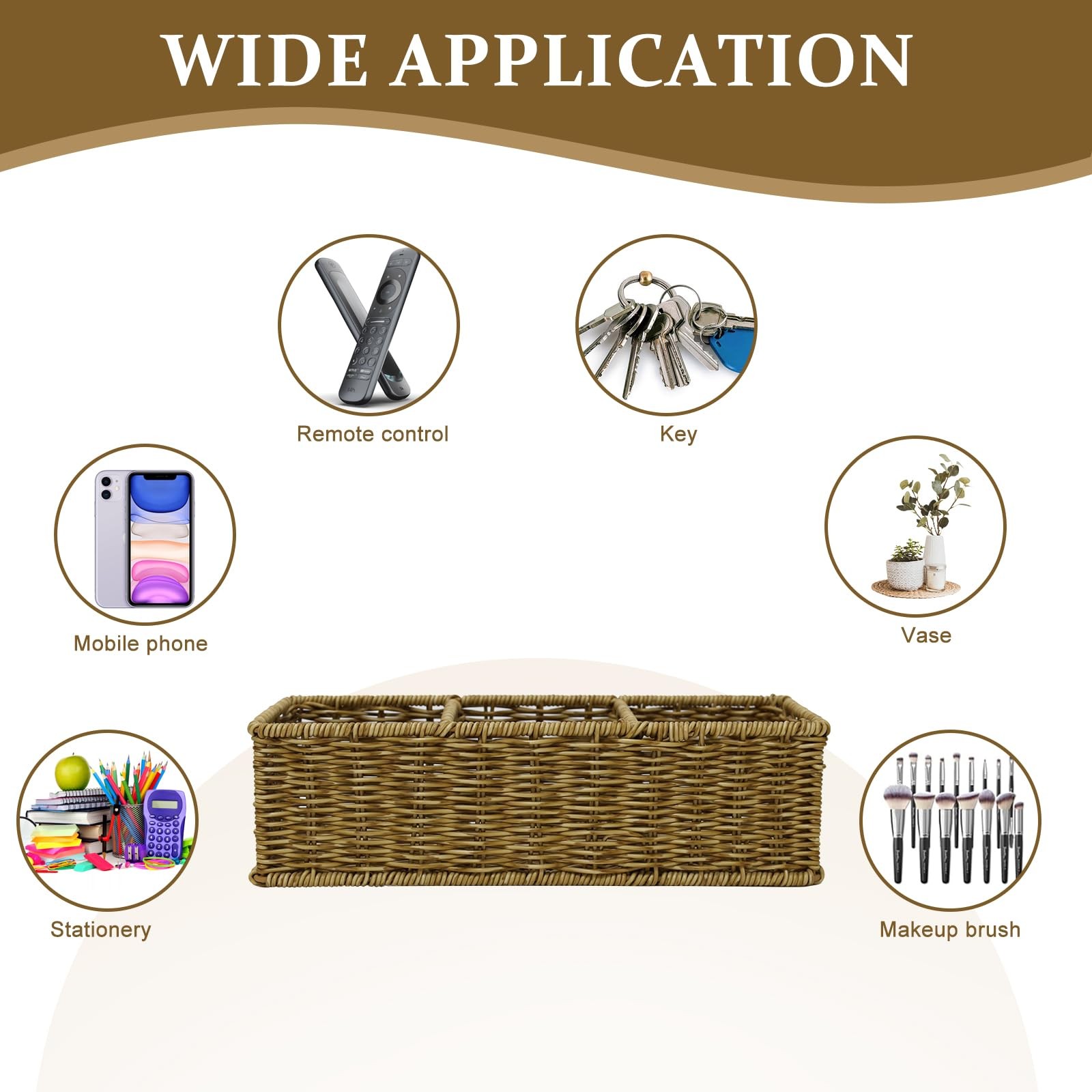 Remote Control Holder TV Storage Basket Handwoven Wicker 3 Compartment Caddy