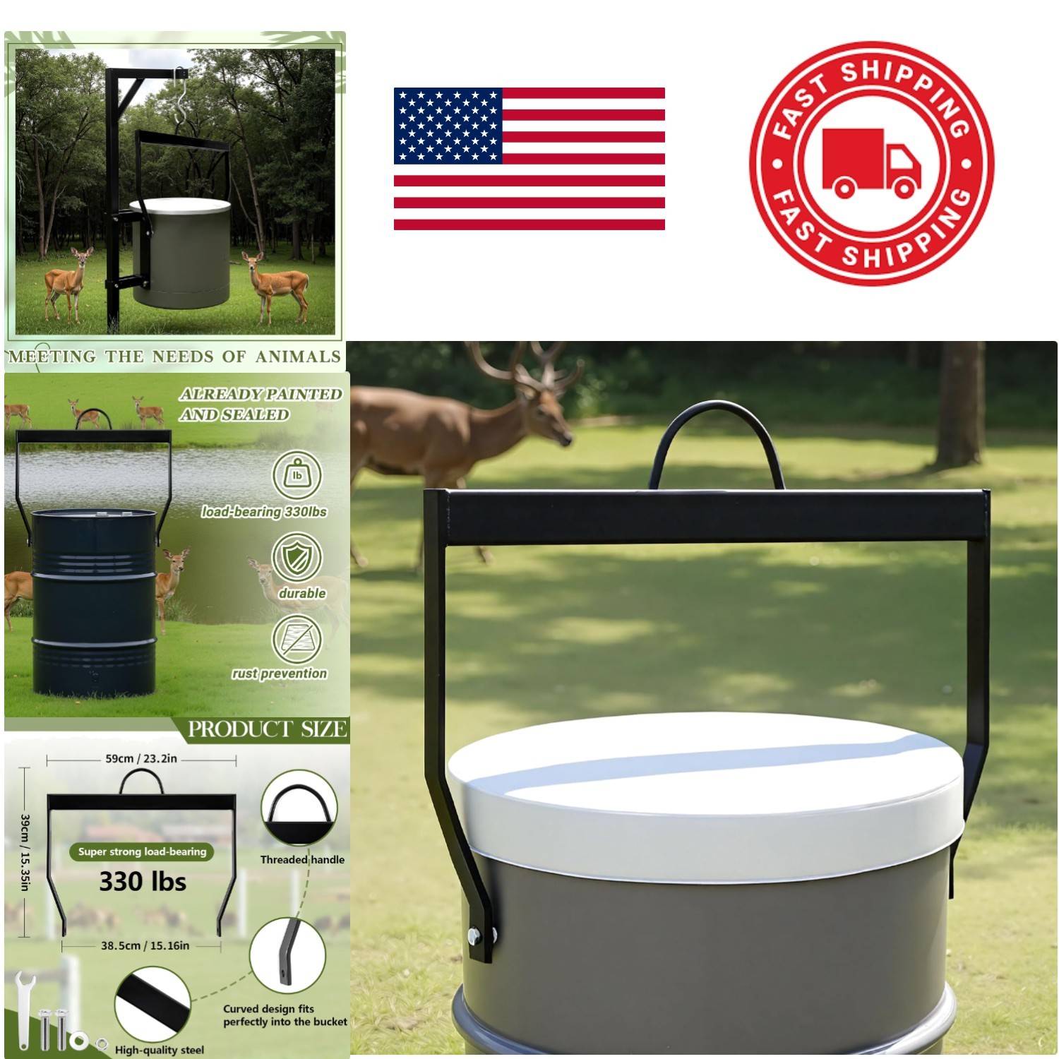 30 Gallon Hanging Deer Feeder Heavy Duty Metal Construction for Wildlife Feeding