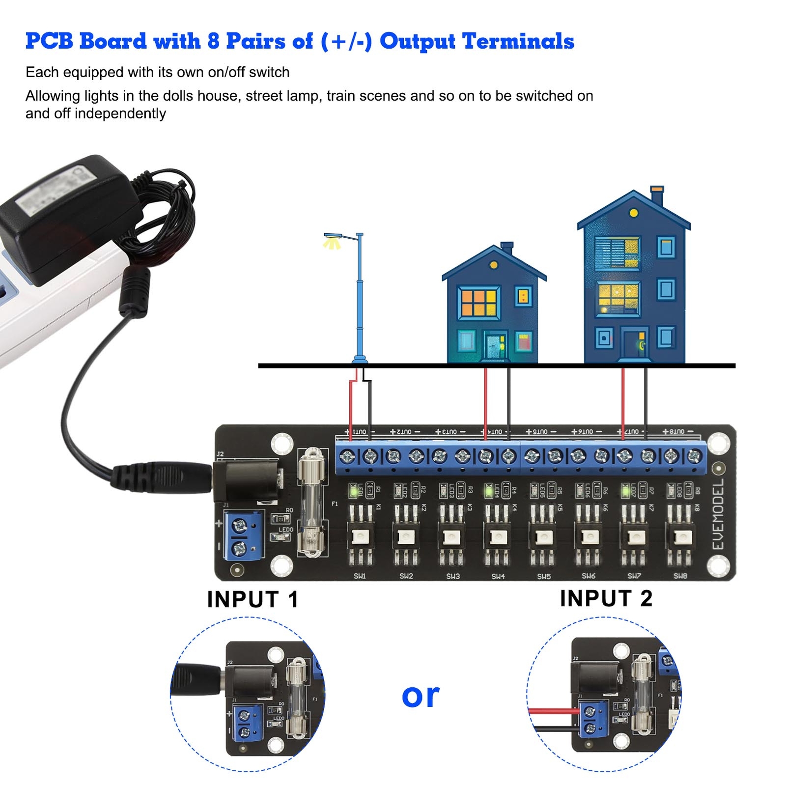 Evemodel 3V-24V DC Individual Switch Power Distribution Module 8 Channels