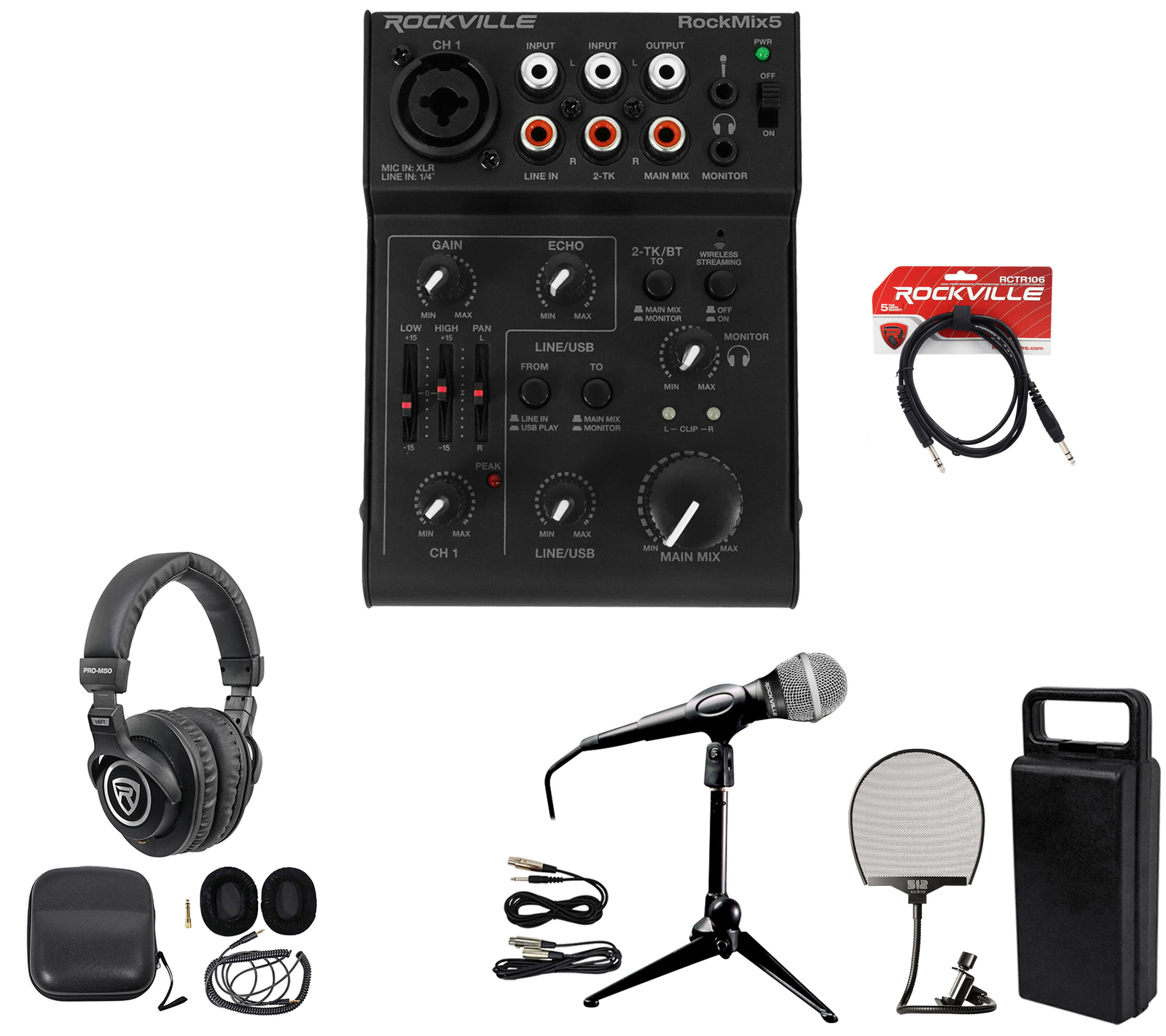 Rockville 1-Person Gaming Twitch Live Stream Recording Kit Mic+tripod+Headphones
