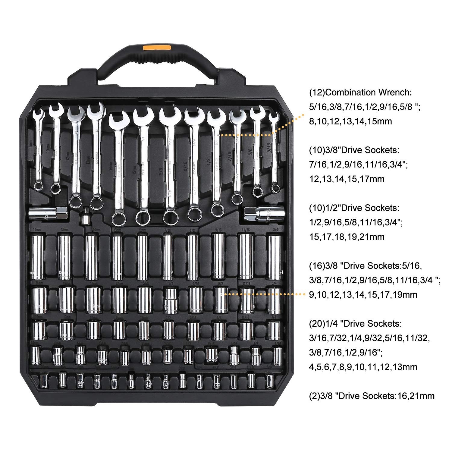 New DEKOPRO 192 Piece Mechanics Tool Set Socket Wrench Set Plastic Storage Case