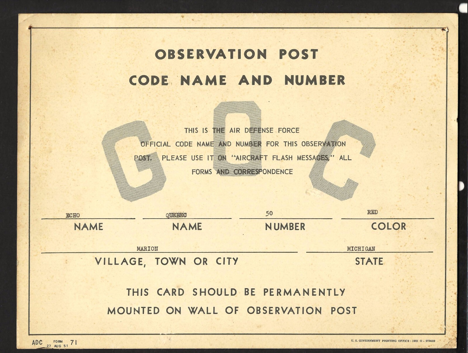 1951 Original Cold War Air Defense Post Sign at Marion Michigan