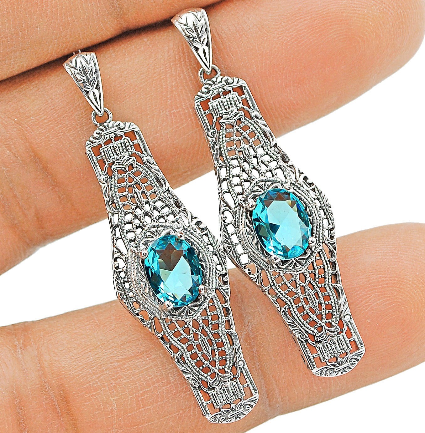 4CT Treated Aquamarine 925 Sterling Filigree Silver Earrings Jewelry