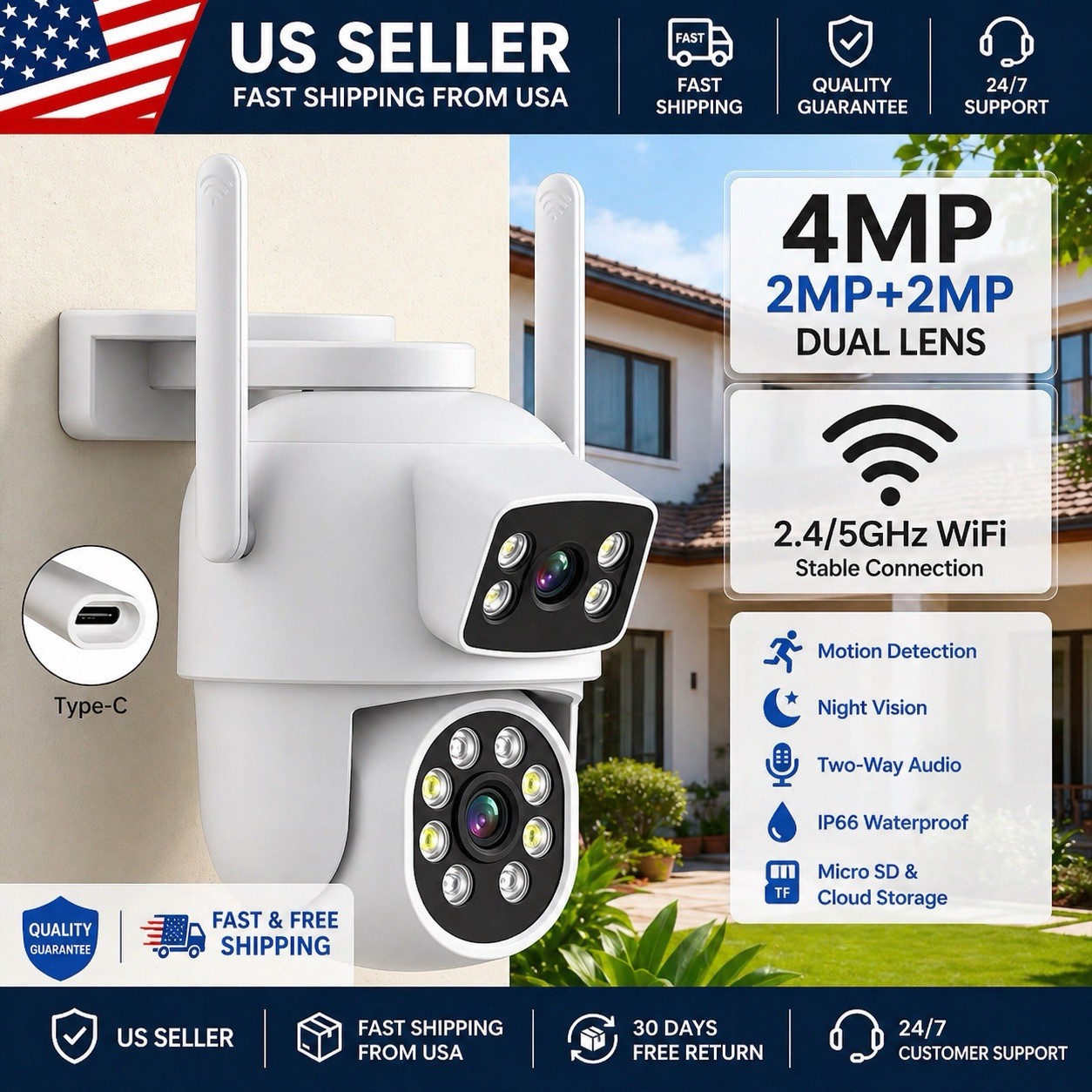 4MP Dual Lens PTZ WiFi Security Camera Outdoor 2.4/5GHz Night Vision 2-Way Audio