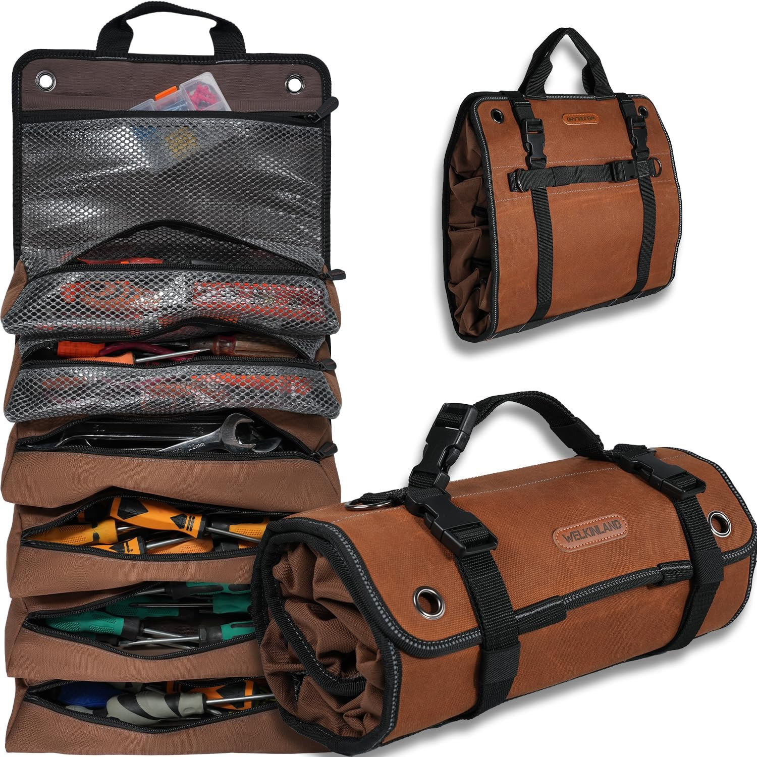 WELKINLAND Heavy-Duty Waxed Canvas Tool Roll, 7-Pockets Tool Wrap Roll, 15L Tool