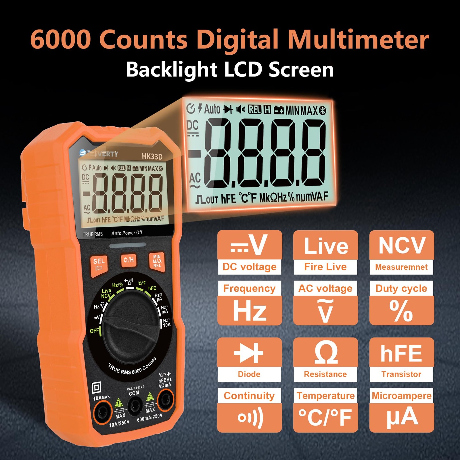 Jesverty 6000 Counts Digital Multimeter Voltmeter Tester 6000 Counts, Orange