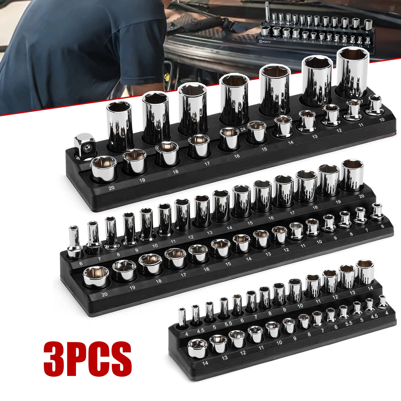 3-PACK Set Black Magnetic Socket Organizer Holder 1/4'' 3/8'' 1/2'' Drive Metric