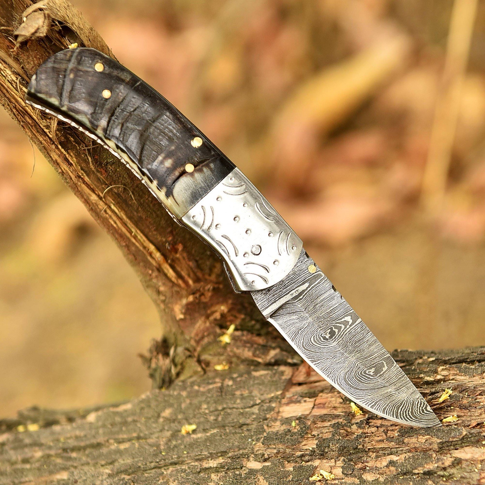 Hand Craft Damascus Steel Folding Blade Pocket Knife Hunting - Ram Horn Handle