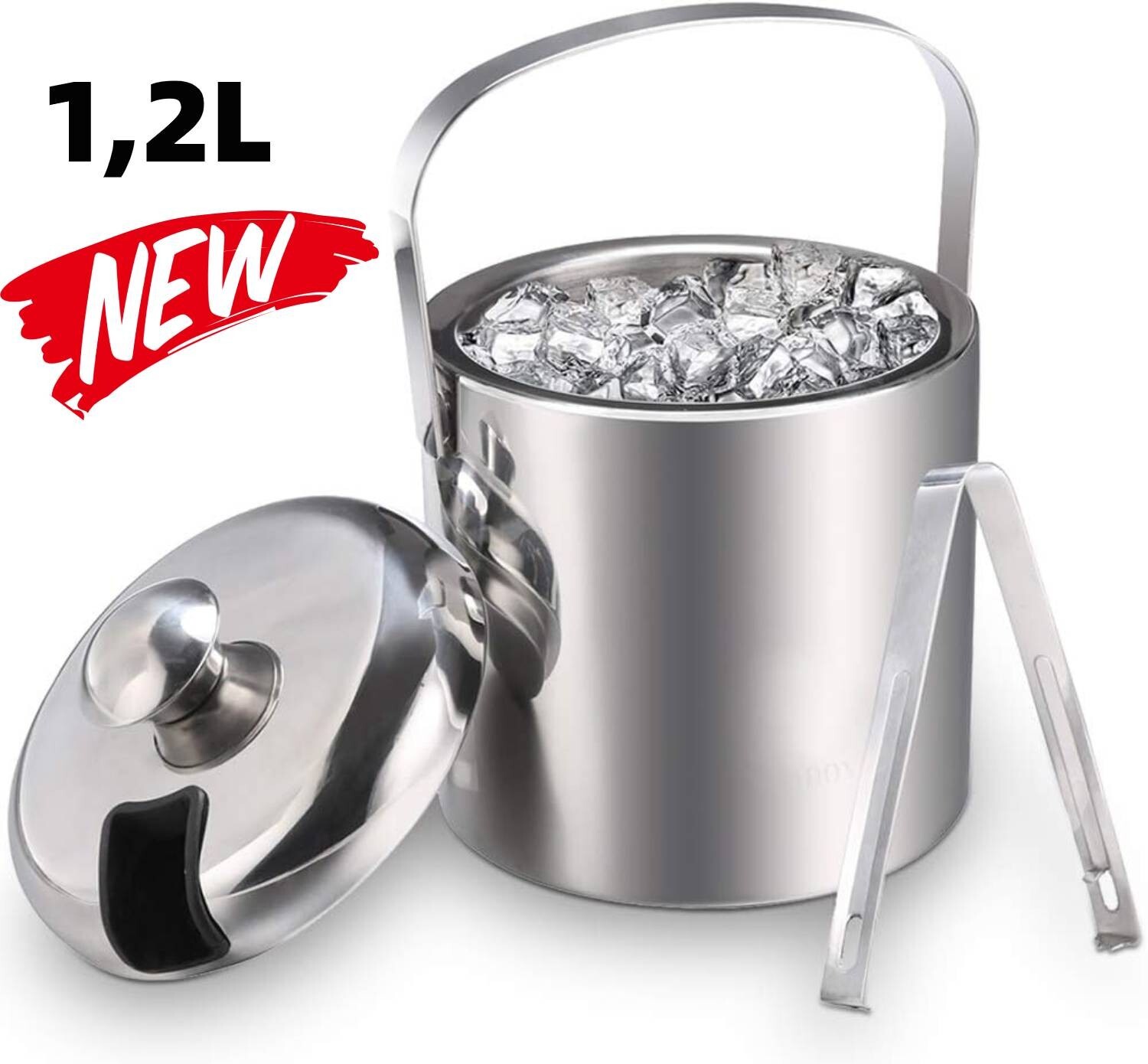 1200ML Stainless Steel Ice Bucket with Lid and Ice Tong for Party and Picnic NEW