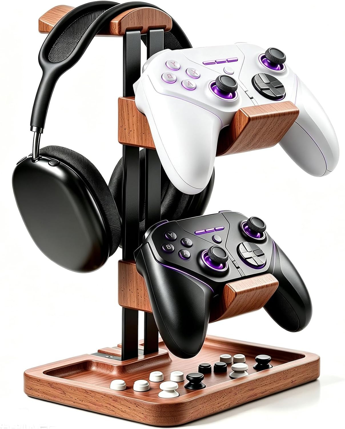 LOXP Walnut Headphone and Controller Stand, 2-In-1 Holder with Storage | Solid W