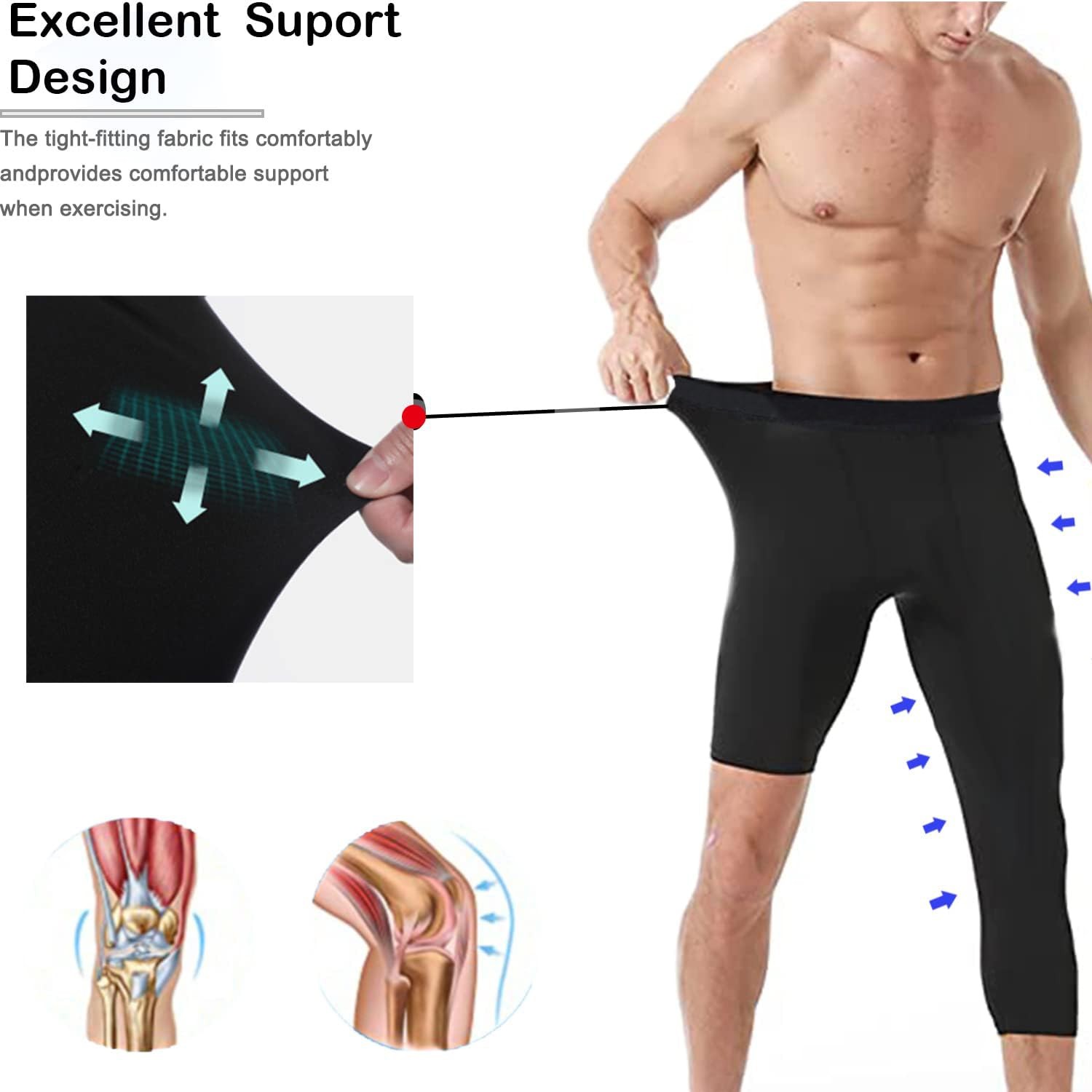 Men's Compression Sport Pants Single Leg 3/4 Base Layer Medium, Black-right