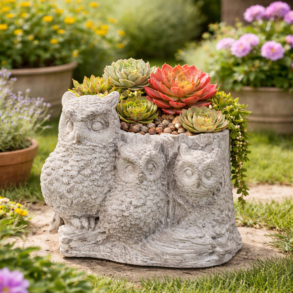Cement Owl Planter with 3 Owls