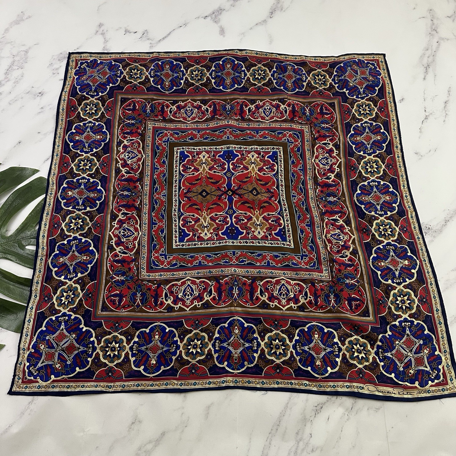 Oscar De La Renta Womens Vintage 90s Silk Scarf Blue Red Gold Geometric Floral