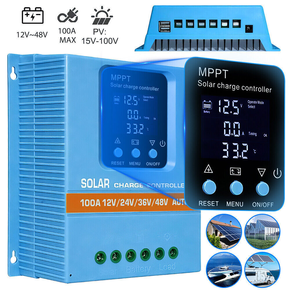 MPPT Controlador carga de solar panel 100A 12V/24V/36V/48V LCD Regulador USB