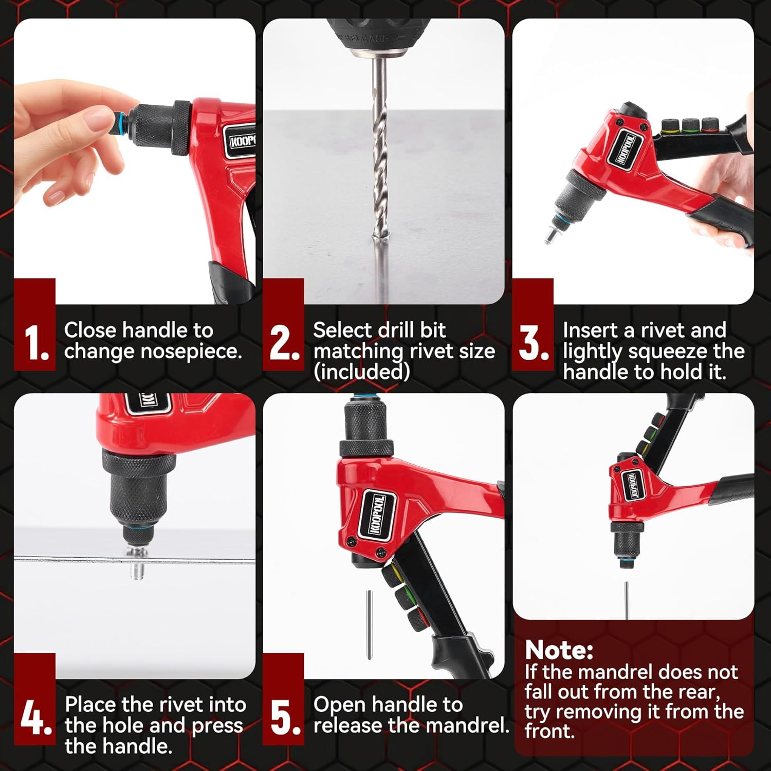 Rivet Gun Kit, Manual Pop Rivet Tool with 200 Rivets and 4 Drill Bits, 4 Tool-Fr