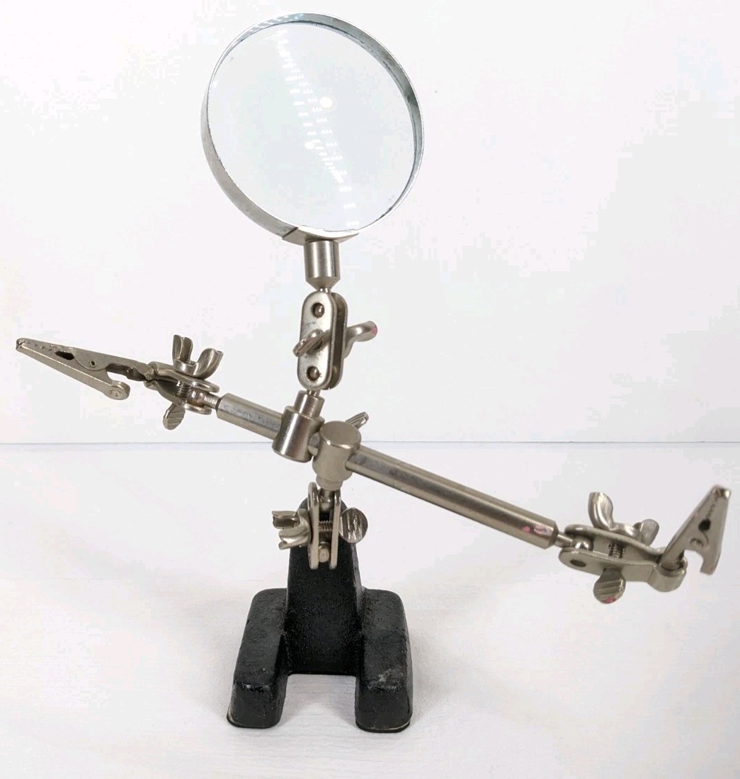 Vintage Fly Tying Tool Stand Adjustable Magnifying Glass Alligator Clips Crafts