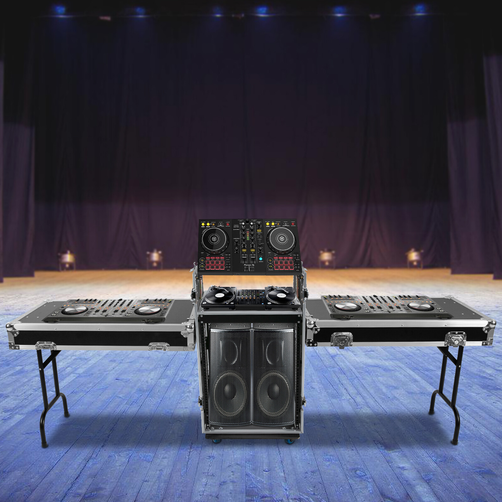 Road Case w/ 11U Slant Mixer Top Sound Box 14U PA Rack/2 DJ Tables w/ Casters