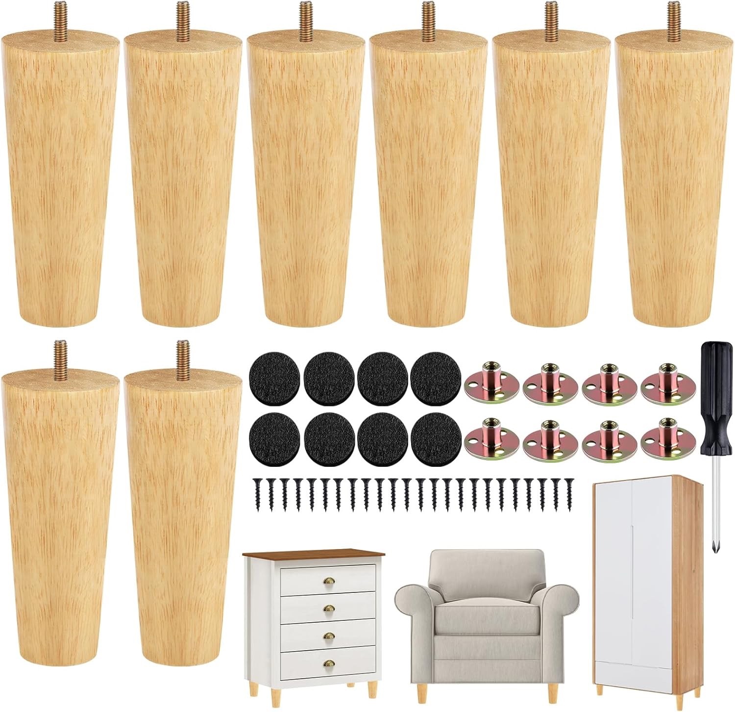TURSTIN 8 Pieces Furniture Legs 8-inch Round Solid Wood - Natural Wood Color