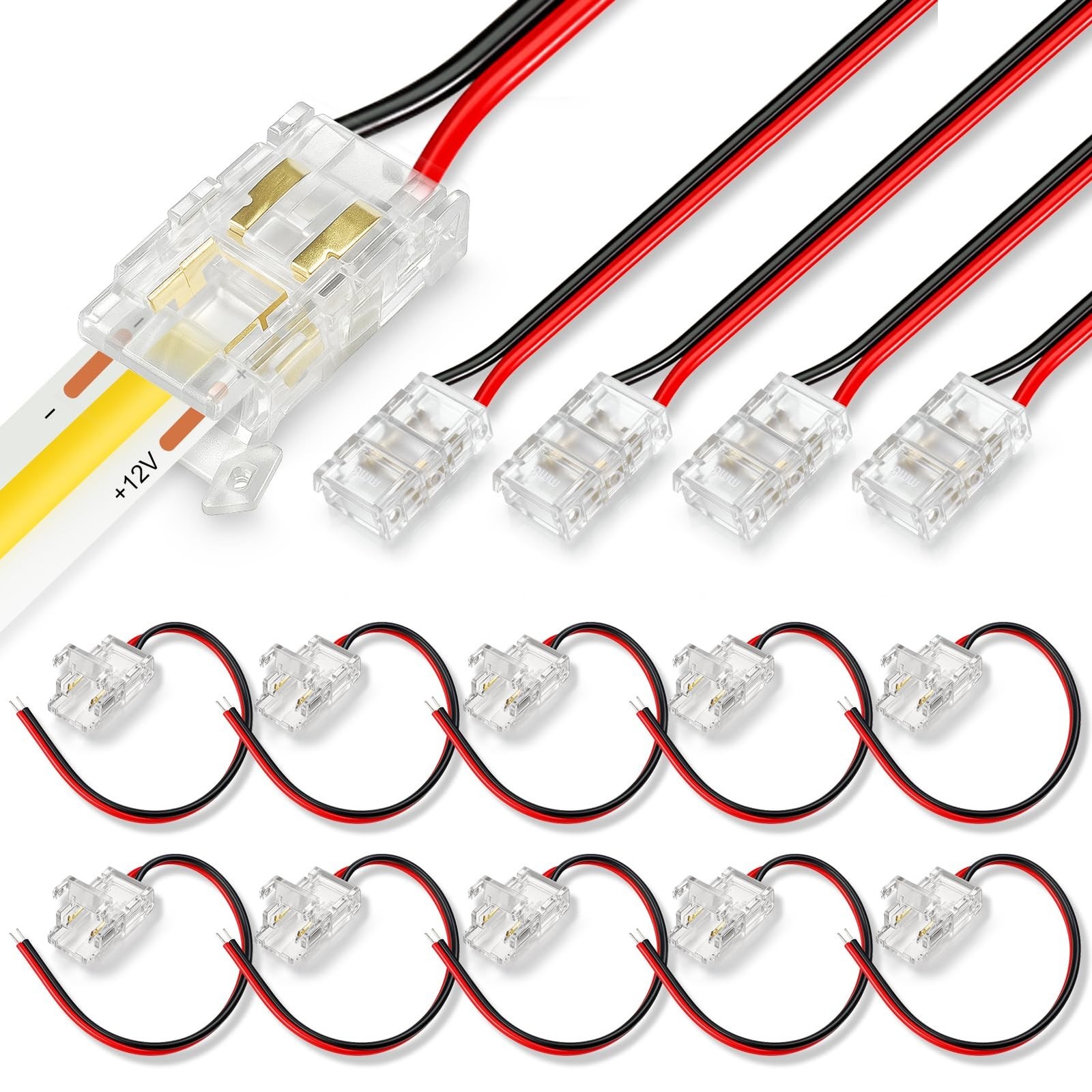 RESHAKE 15 Pack LED Strip Connectors 2 Pin 8mm Solderless, Pigtail Transparen...