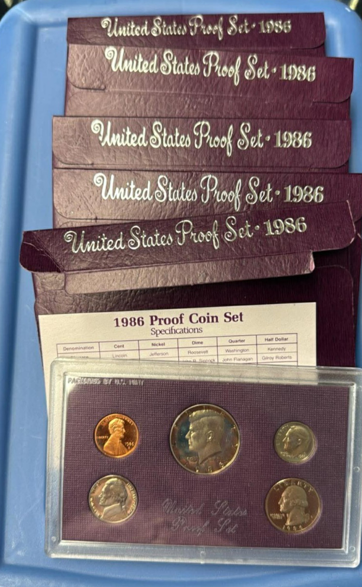 1986 U S MINT PROOF COIN SET LOT OF 5 SETS