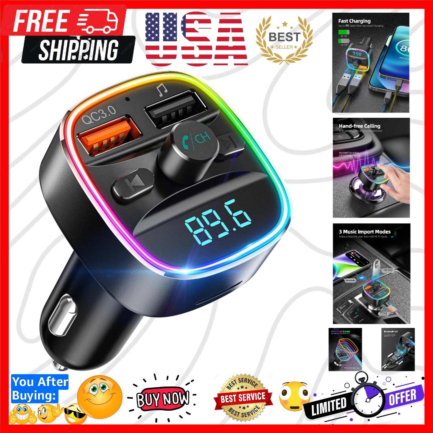 Bluetooth FM Transmitter, Bluetooth Car Adapter with Dual USB Charger Wireles...