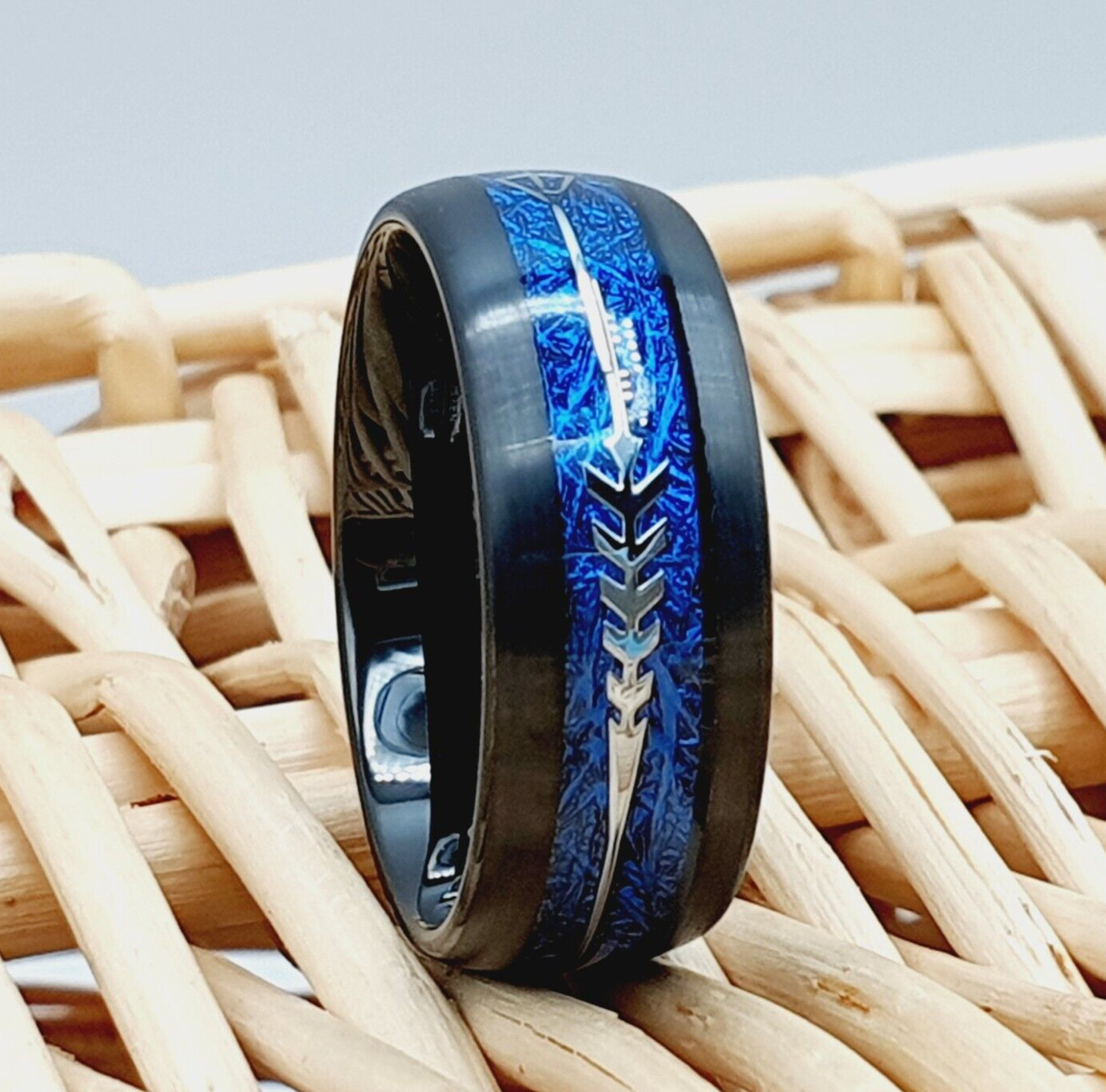 Blue Meteorite Inlay Tungsten Ring – Black Dome Arrow Wedding Band for Men