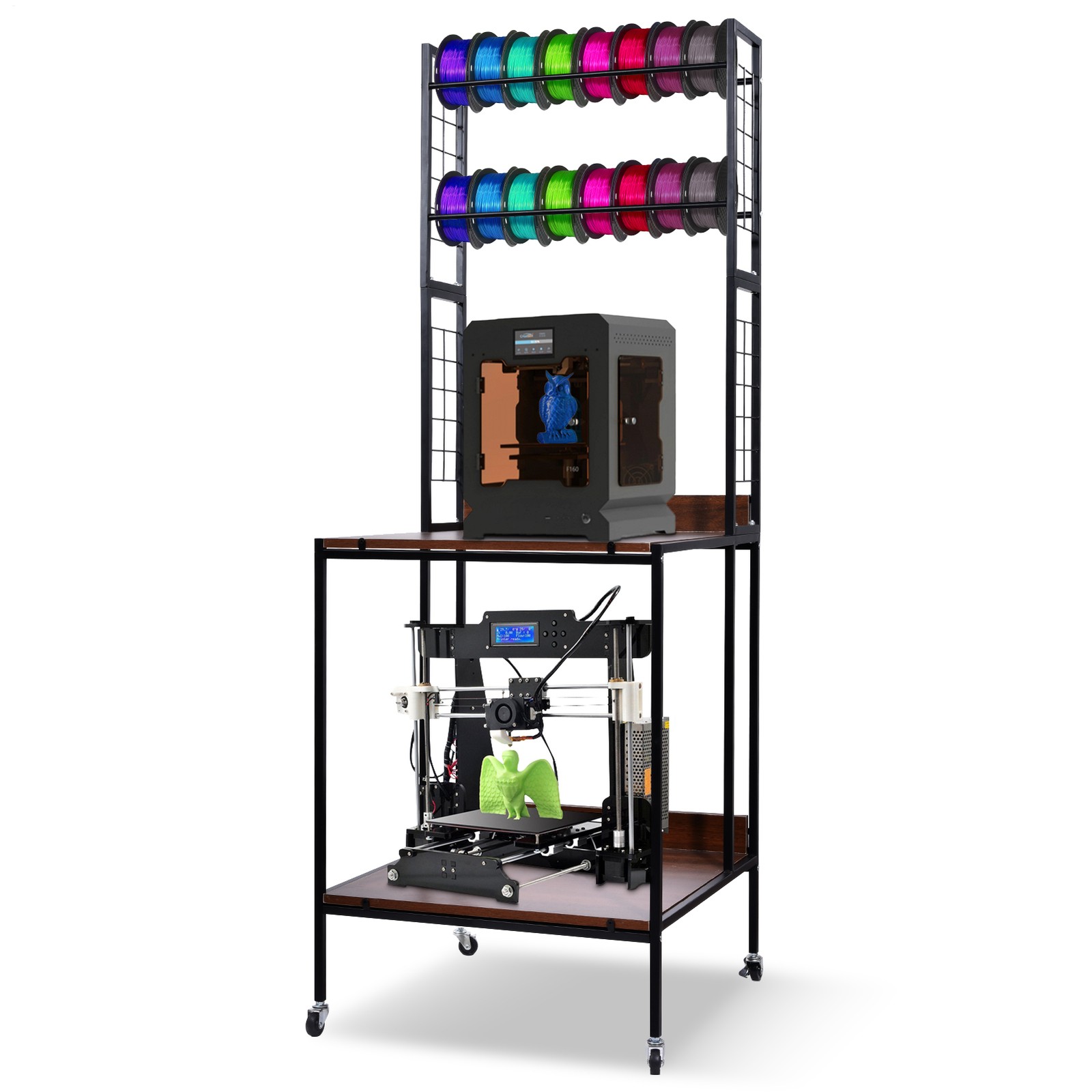 Heavy Duty Mobile 3D Printer Stand w/ Double Layer Filament Storage Rack+Wheels-