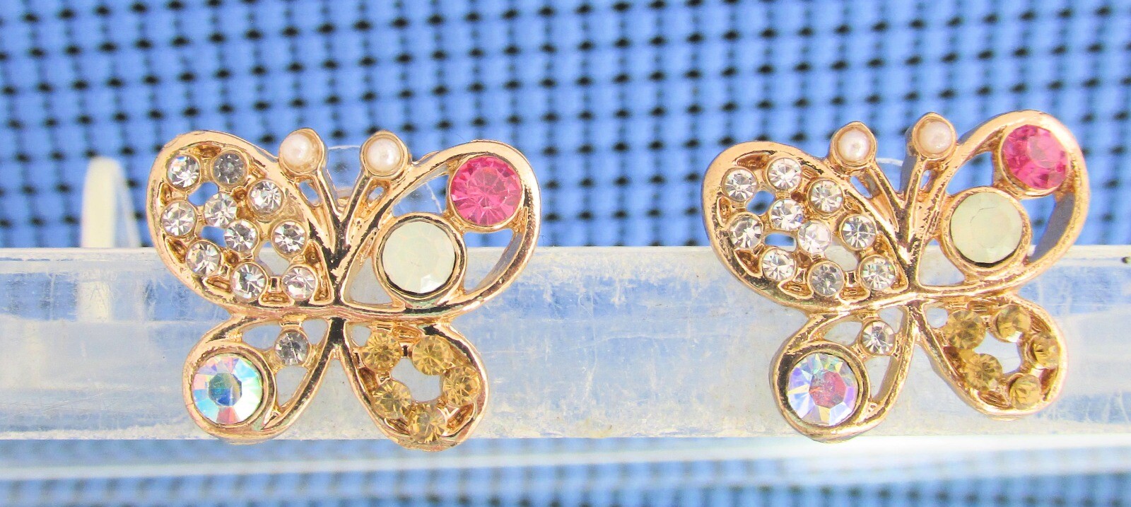 Butterfly Pierced Earrings Sparkling Pinks Amber Crystal Rhinestone Dainty