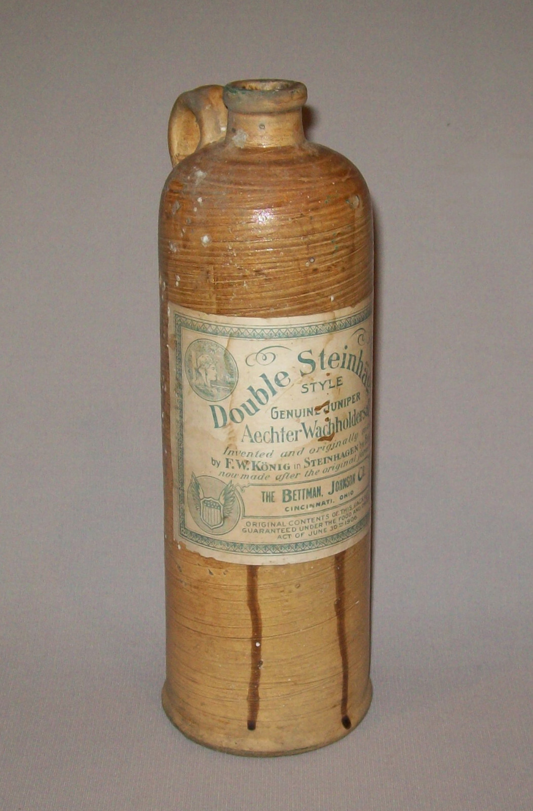Old Antique Vtg Pottery Bottle Original Cincinnati Ohio Bettman Johnson Co Label
