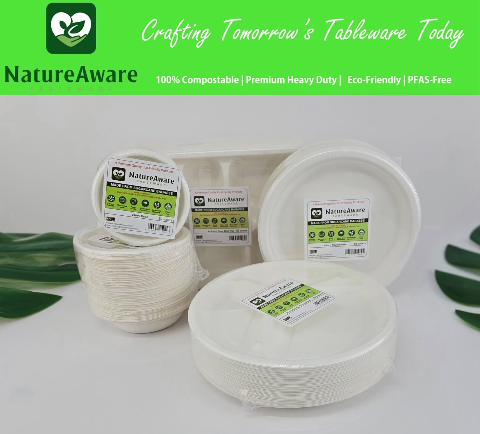 Premium 7 Inch Round White Paper Plates [50-Pack] -100% Compostable & Eco-Fri...