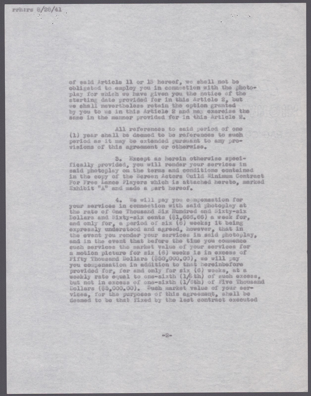 LOUIS HAYWARD - CONTRACT SIGNED 08/25/1941