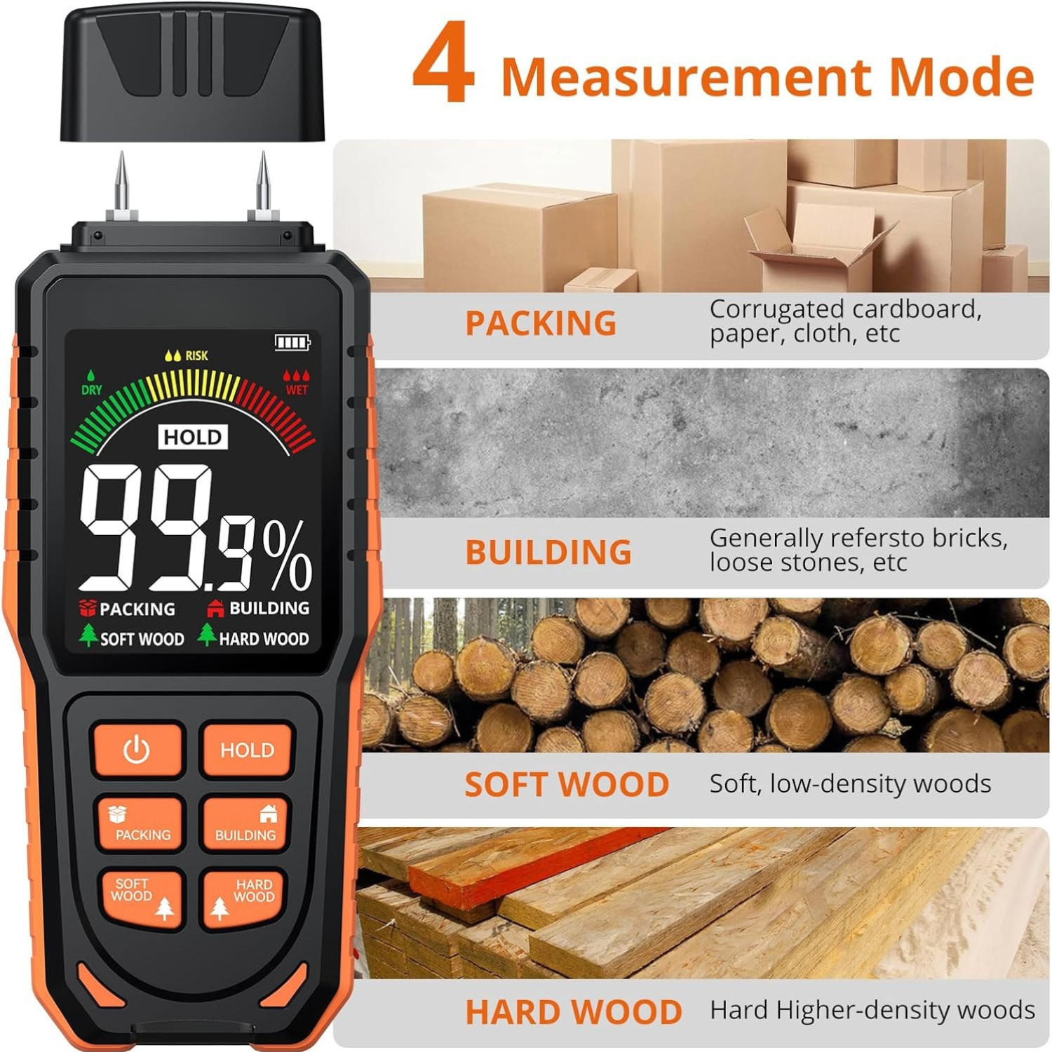 Medidor de humedad recargable con pantalla tricolor: Detector de humedad para pa