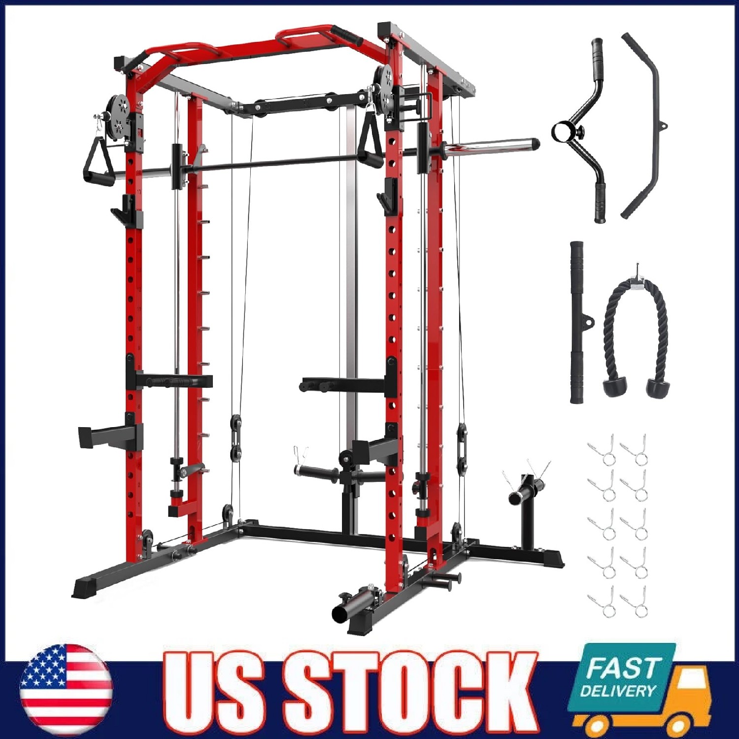 Smith Machine Power Cage Power Rack w/Pulley System, Dip Bar Training ,Home Gym