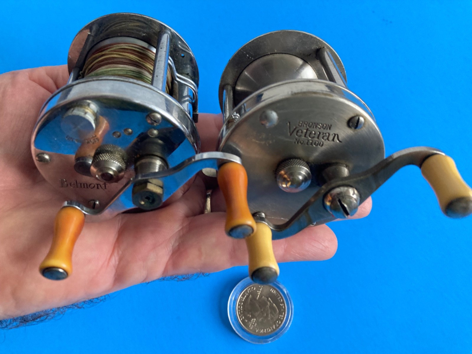 LOT 2 VTG BAITCASTER REELS BRONSON VETERAN 1100 CHROME BELMONT VINTAGE LEVELWIND