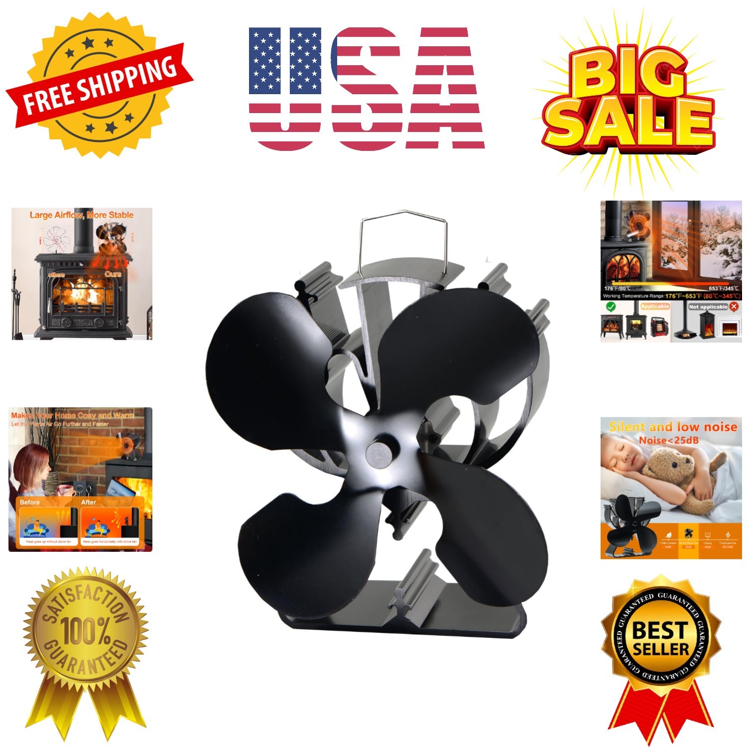 Wood Stove Fan Heat Powered Fireplace Fan No Electric, Heat Activated Thermal...