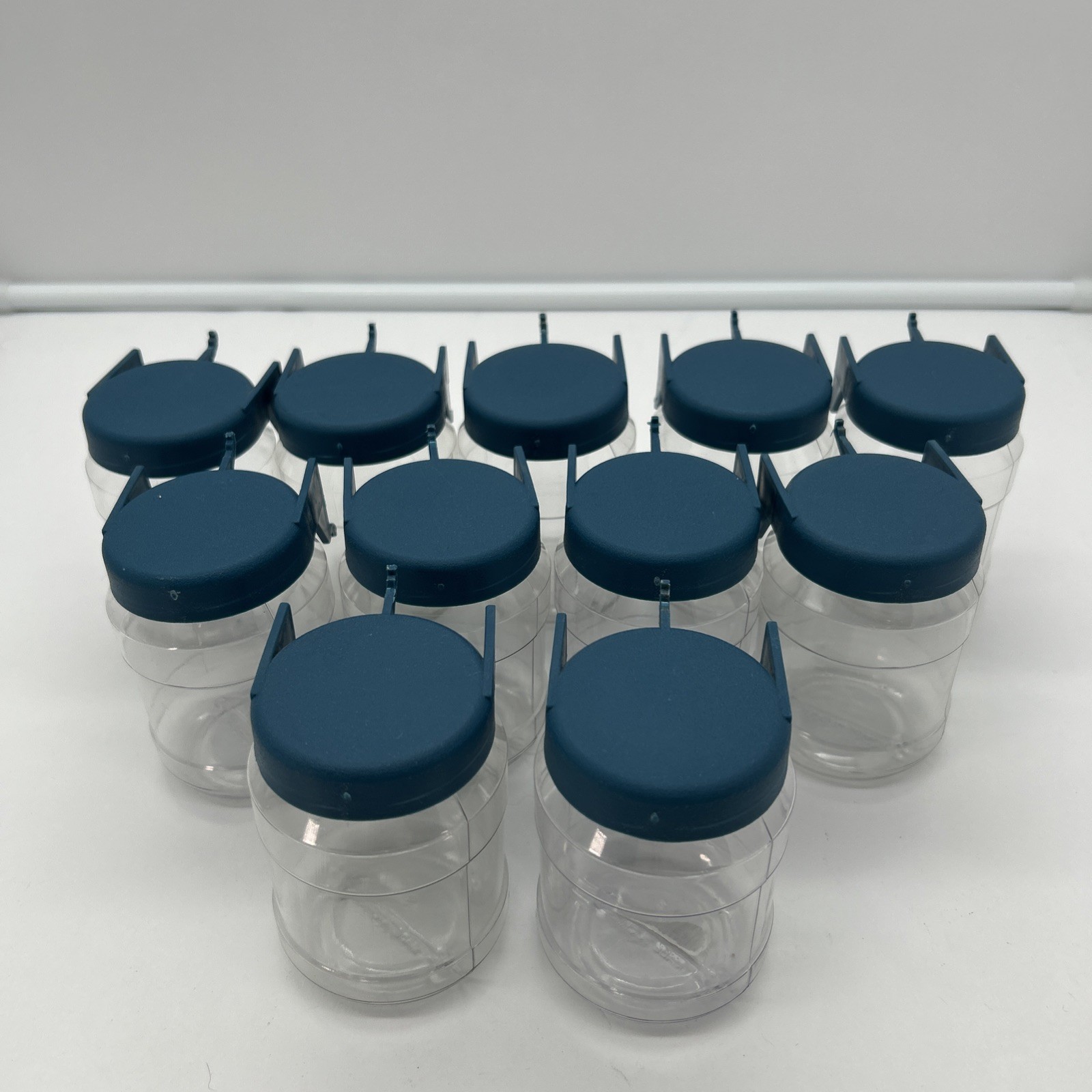 Set Of 11 Plastic Pegboard Organizer Jars W/Lids Blue Clear Garage Organization