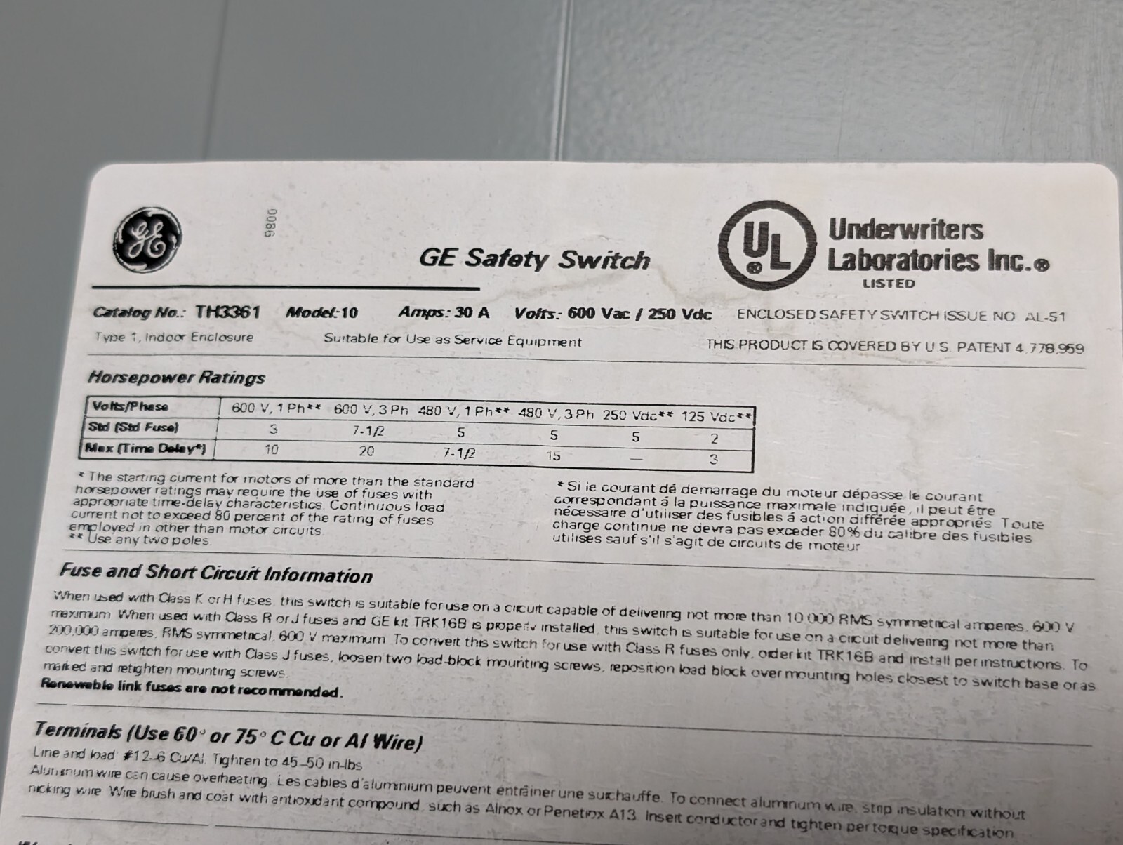 GENERAL ELECTRIC TH3361 Model 10 Safety Switch (USED).