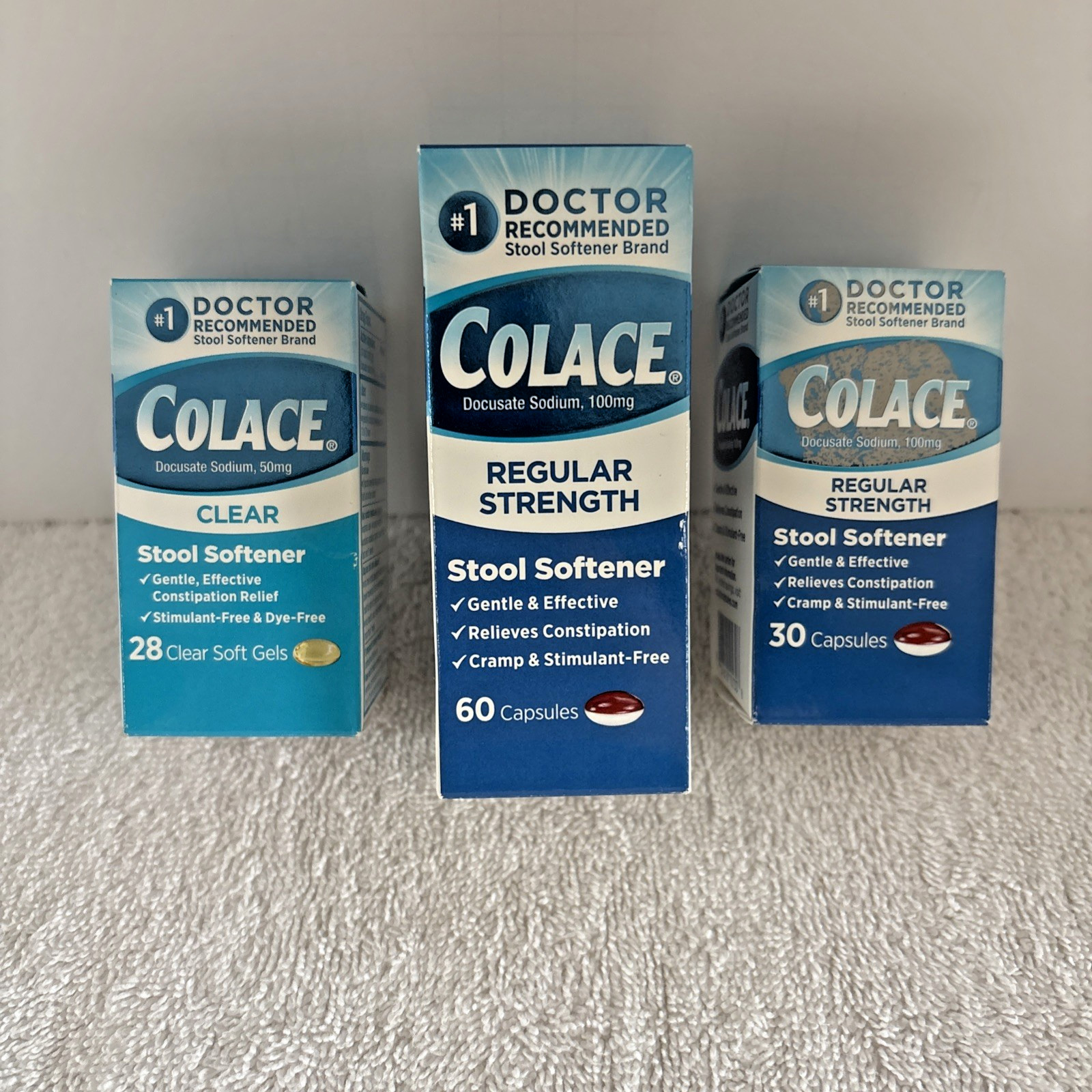 Lot of 3 - COLACE Regular Strength and Clear Stool Softener 118 Capsules total