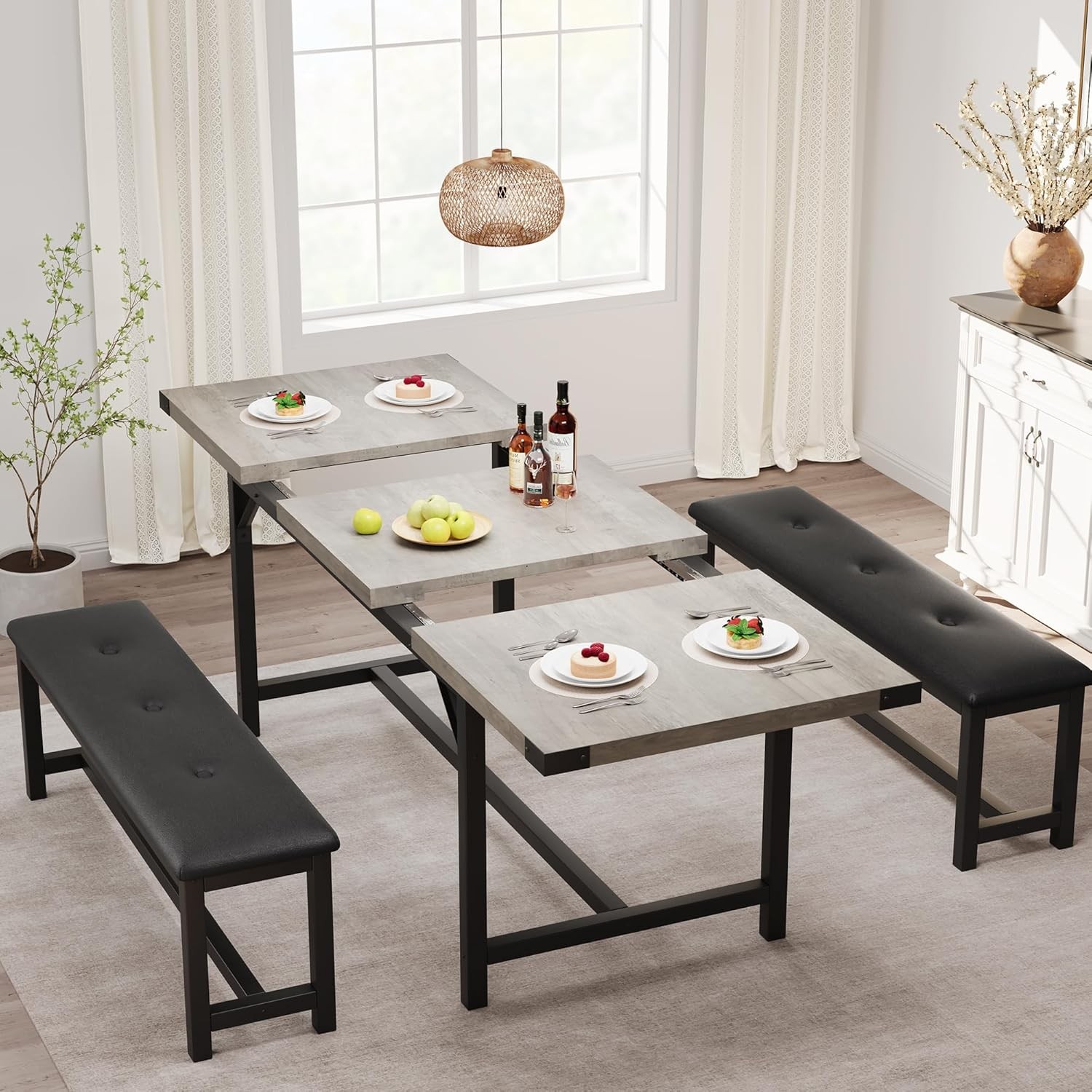 63 in Extendable Dining Table Set for 4-6 People 3-Piece Kitchen Table Set Gray