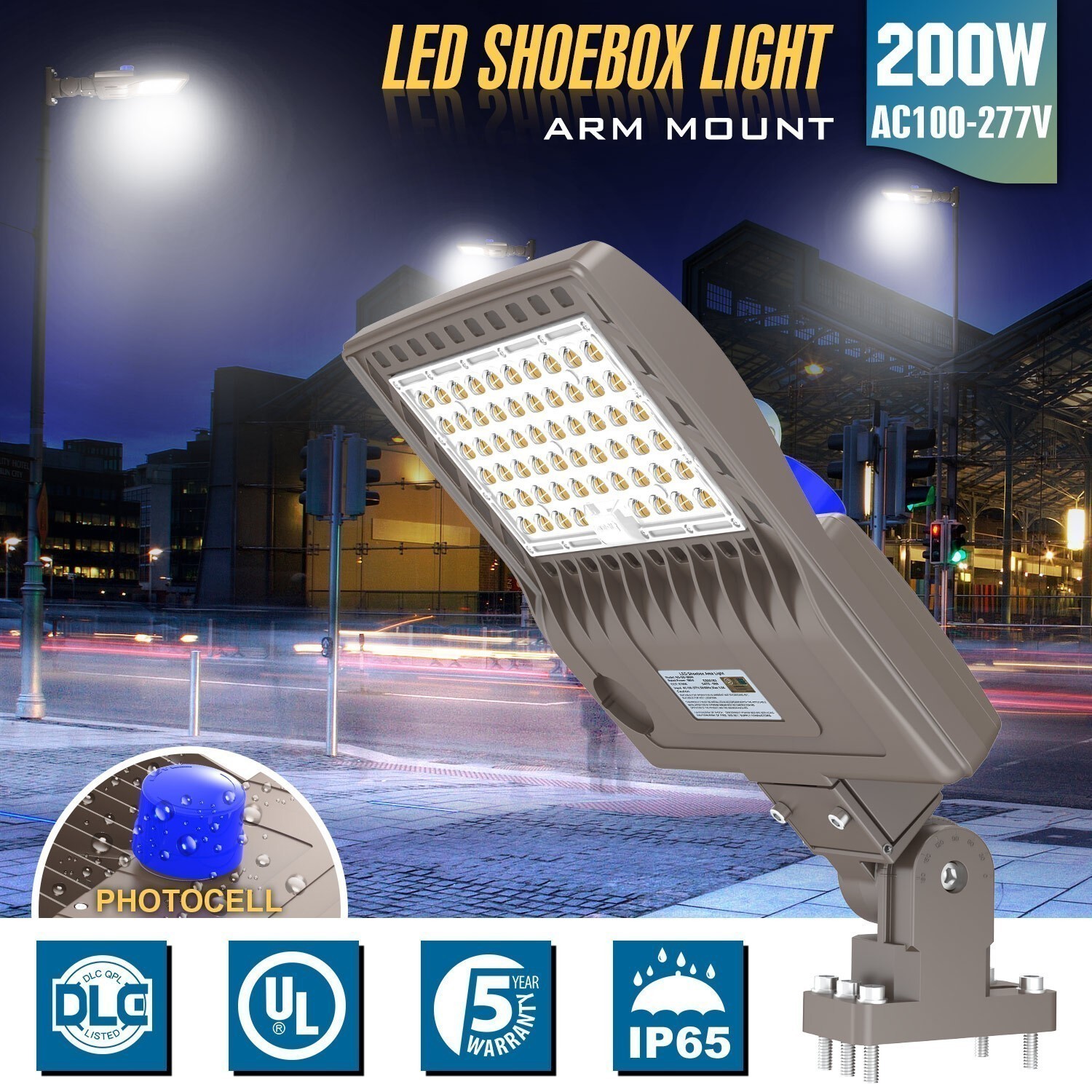 LED Parking Lot Light 200W (Eqv.650W MH/HPS) Adjustable Arm Mount with Photocell