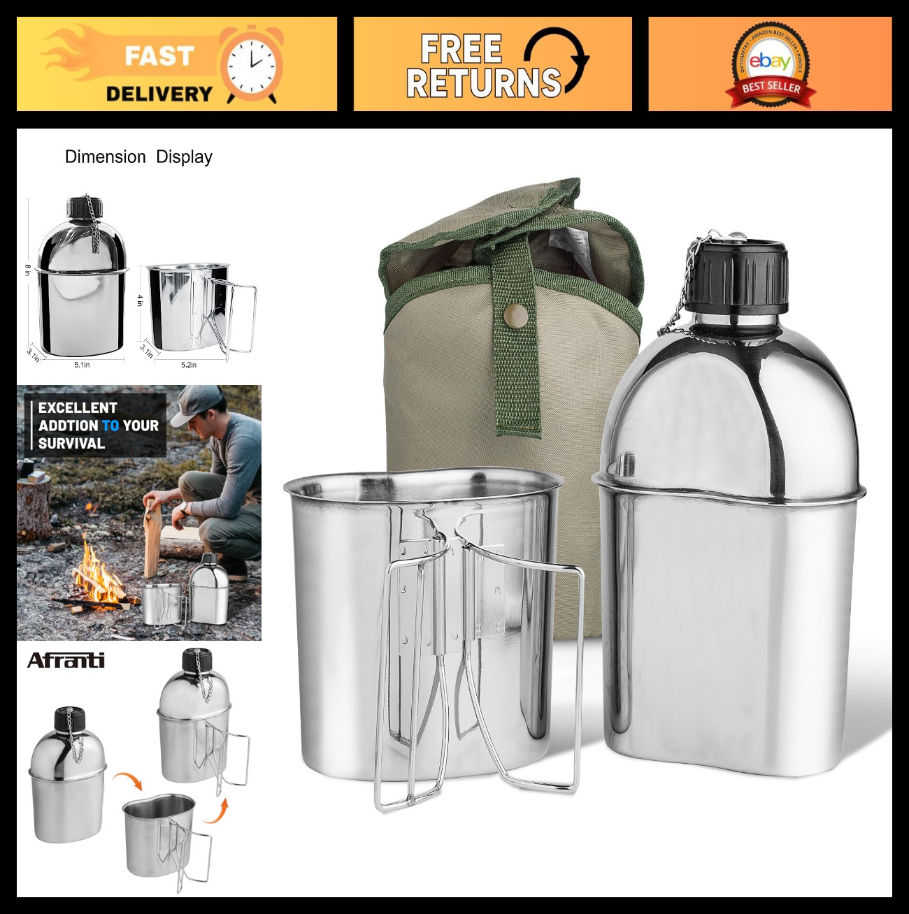 Portable Stainless Steel Military Canteen 1.2QT with 0.6QT Cup & Sleeves for Cam