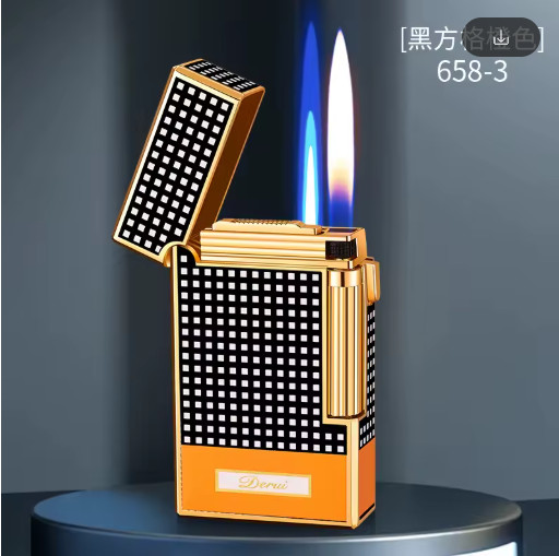 DERUI Dual Flame Butane Lighter Windproof Metal Flint Wheel Compact Luxury
