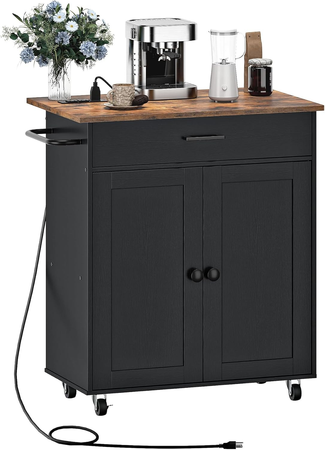 Rolling Kitchen Island Cart with Cabinet, Drawer & Power Strip - Black/Rustic Br