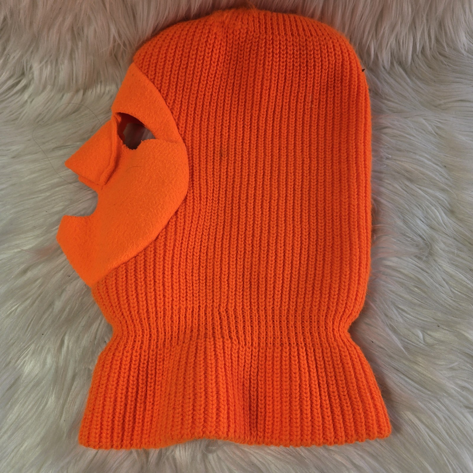 Vintage Balaclava Ski Full Face Mask Hat Orange Fleece Knit USA Made in USA Hunt