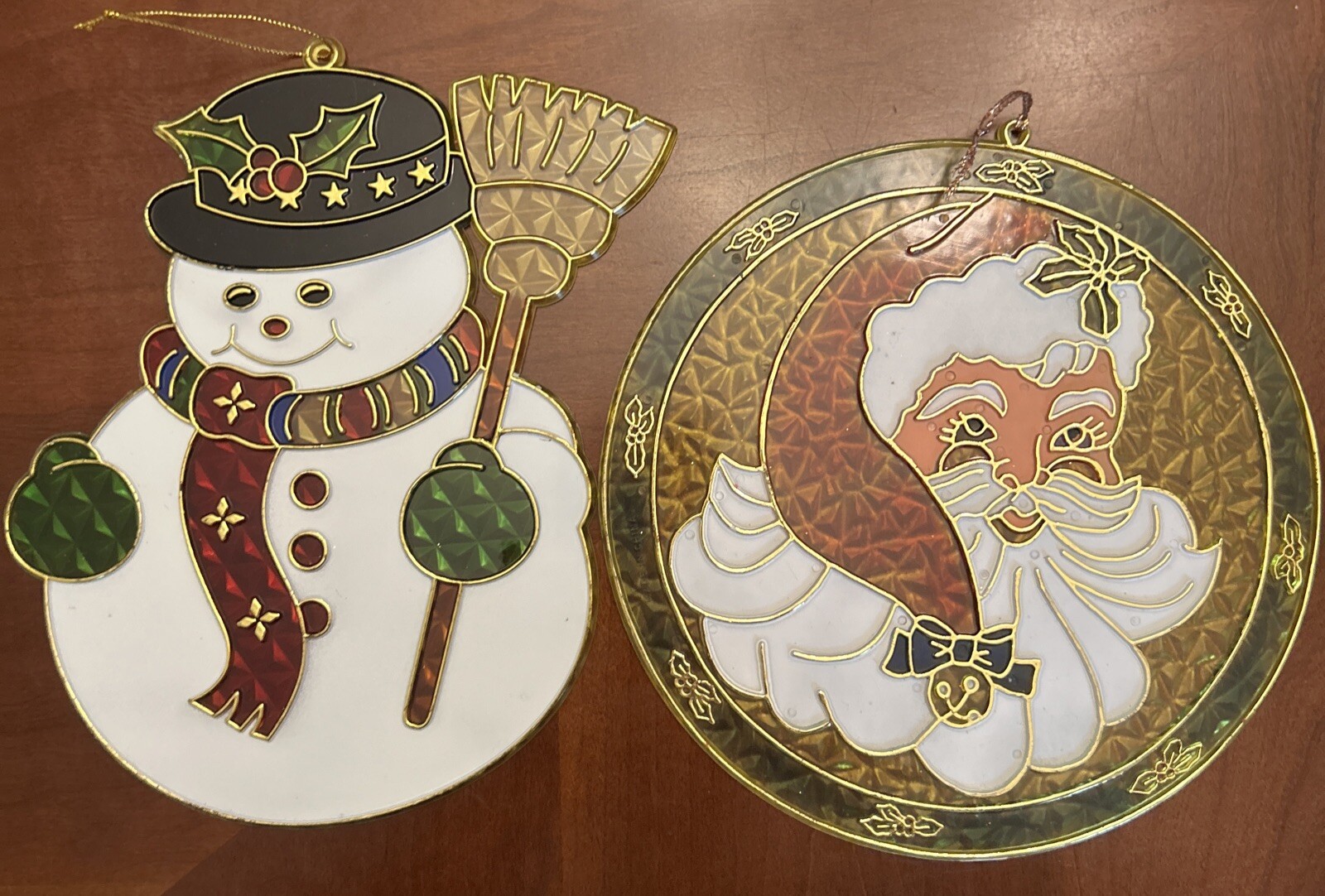 Christmas Suncatcher Lot Vtg Crackled Plastic 8” Window Decoration Santa Frosty