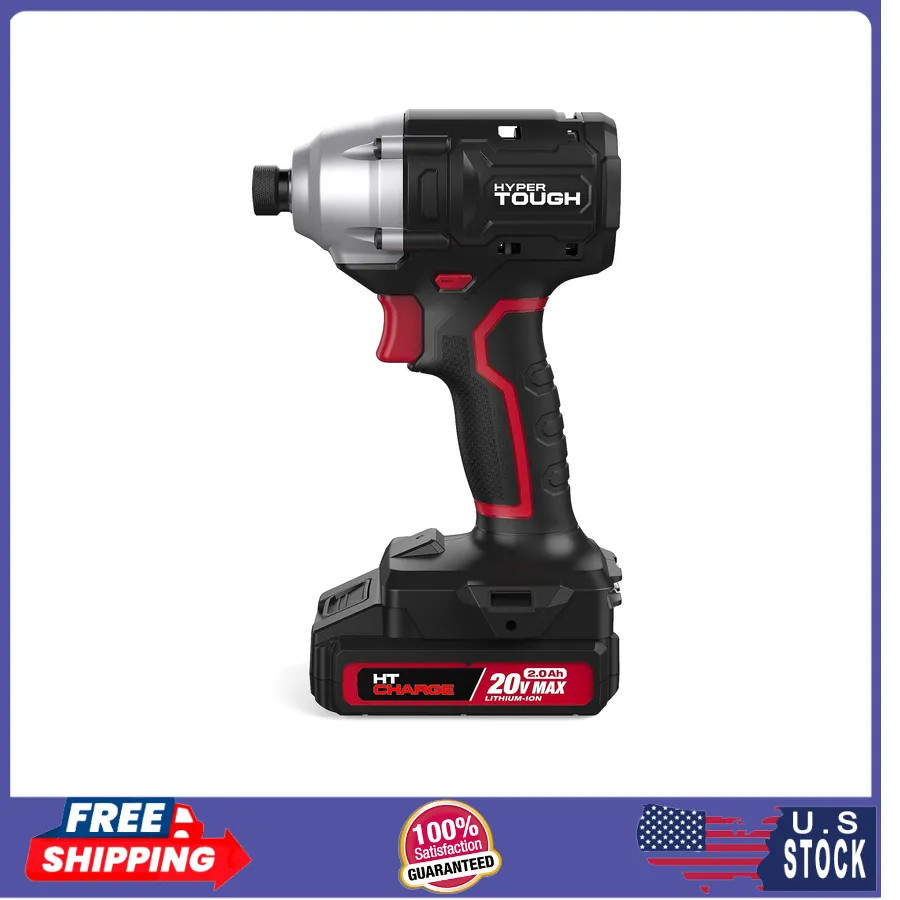 Hyper Tough 20V Brushless Impact Driver 1/4 inch Hex with 2.0Ah Battery and C...