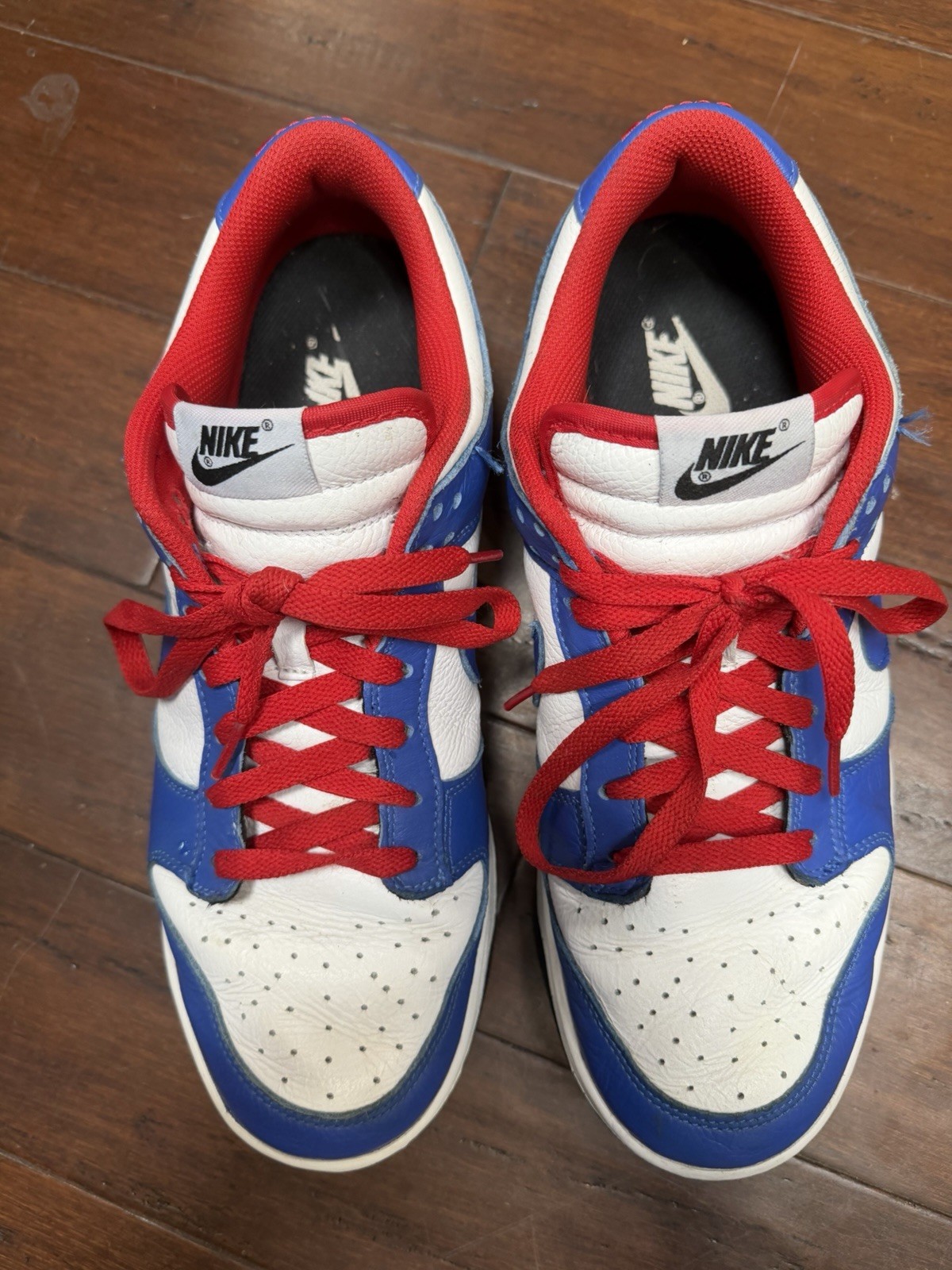 Nike Leather Low Top Sneakers CUSTOM White, Blue, and Red Lace Up
