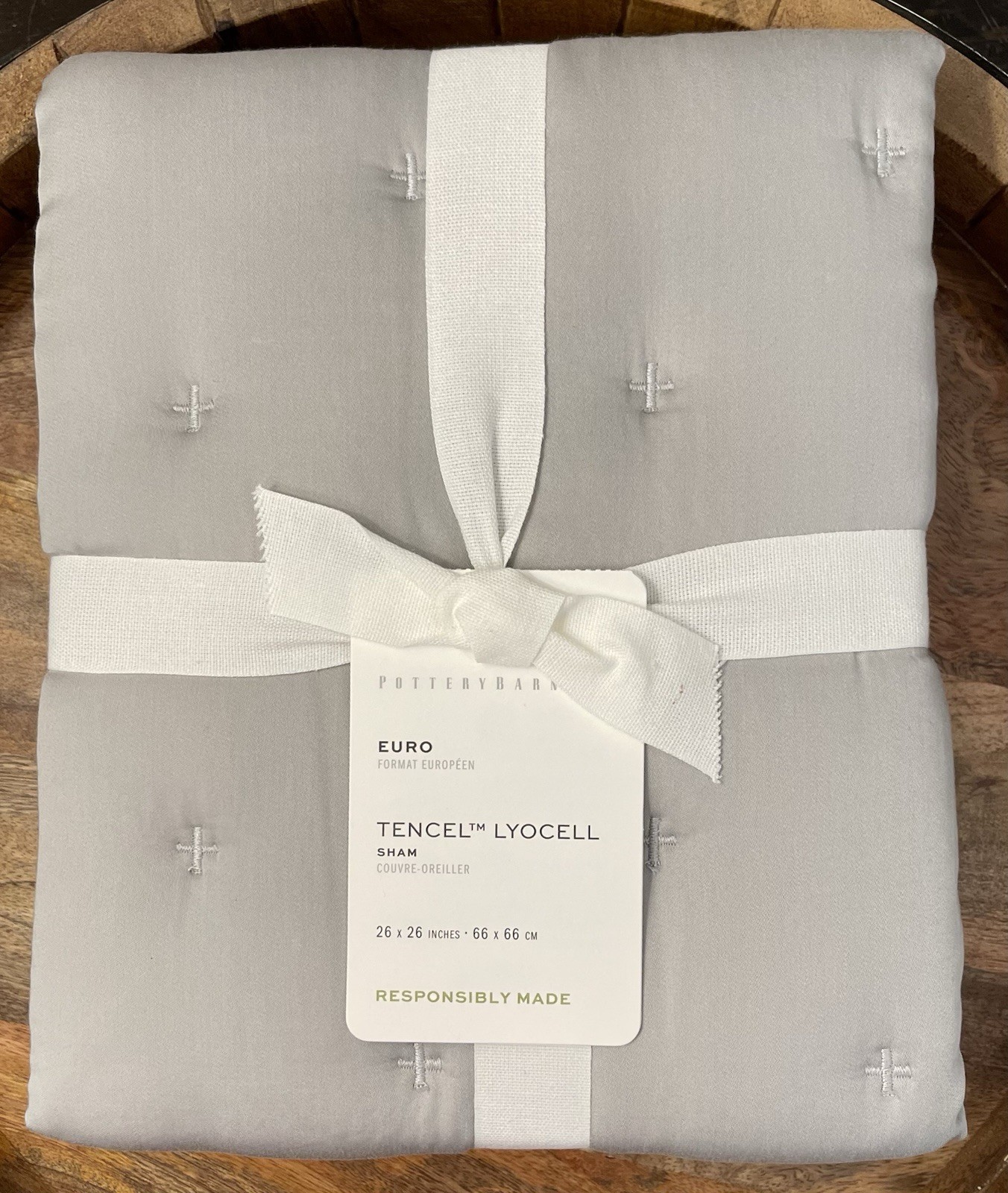 Pottery Barn Tencel Lyocell Gray Mist Euro Pillow Sham Cover Tufted 26”x26” New