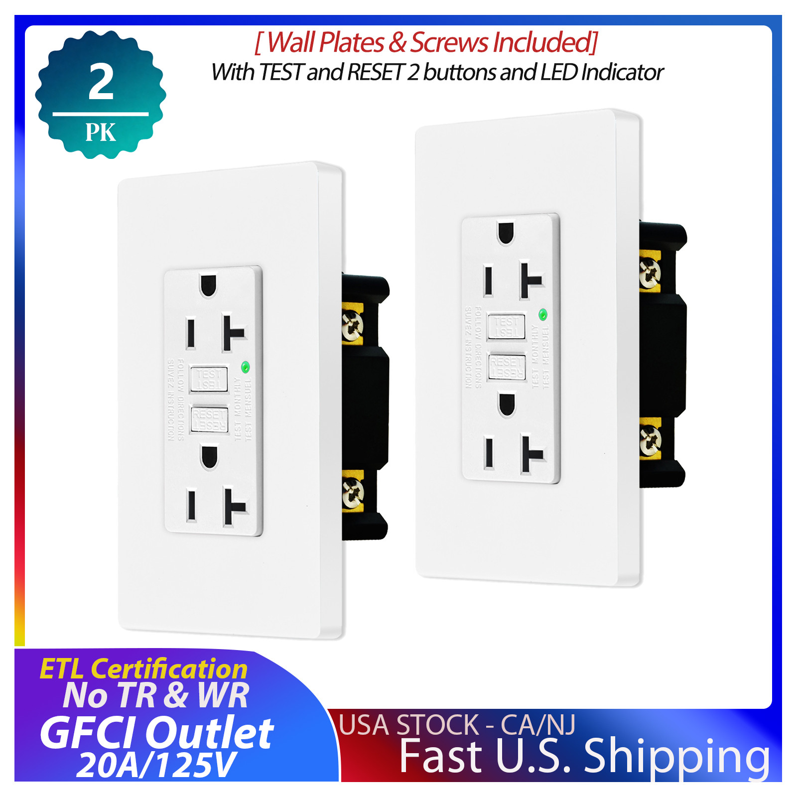 2 PK GREENCYCLE 20Amp Non-TR GFCI Outlet,Decorative Wall Plates, Screws Included